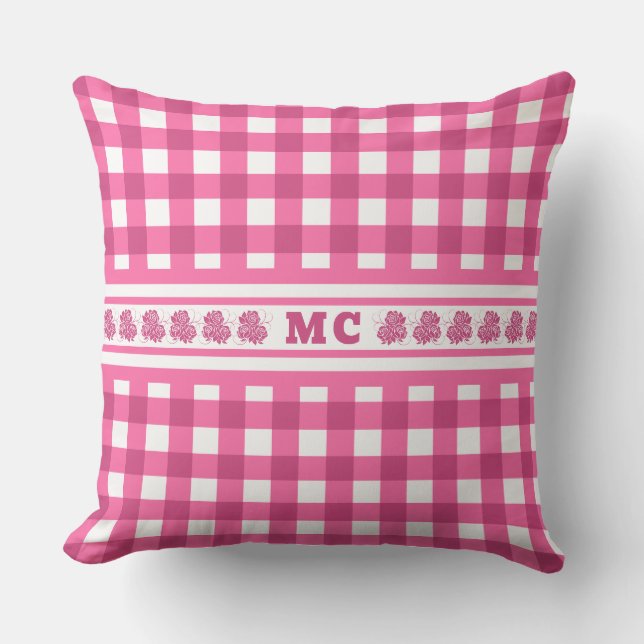 Hellrosa Monogram Gingham Girly Kariert Kissen (Vorderseite)