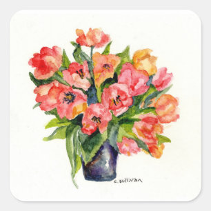 hellrosa, orange-gelbe Aquarellkleber Quadratischer Aufkleber
