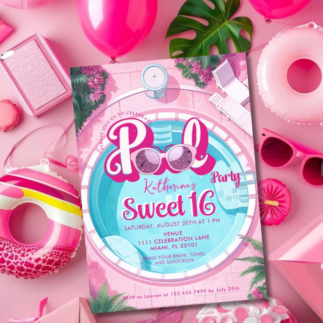 Hellrosa Pool Party Girly Sweet 16 16 Einladung (Bright Pink Pool Party Girly Sweet 16 Sixteen Invitation)