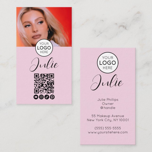 Hellrosa QR-Code, Logo und Foto-Make-up Visitenkarte (Vorne/Hinten)