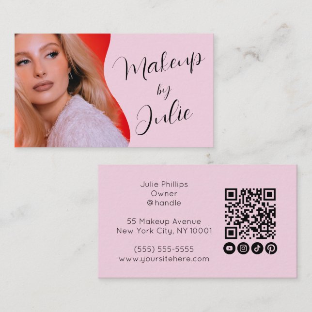 Hellrosa QR-Code, Social Icon und Foto-Make-up Visitenkarte (Vorne/Hinten)