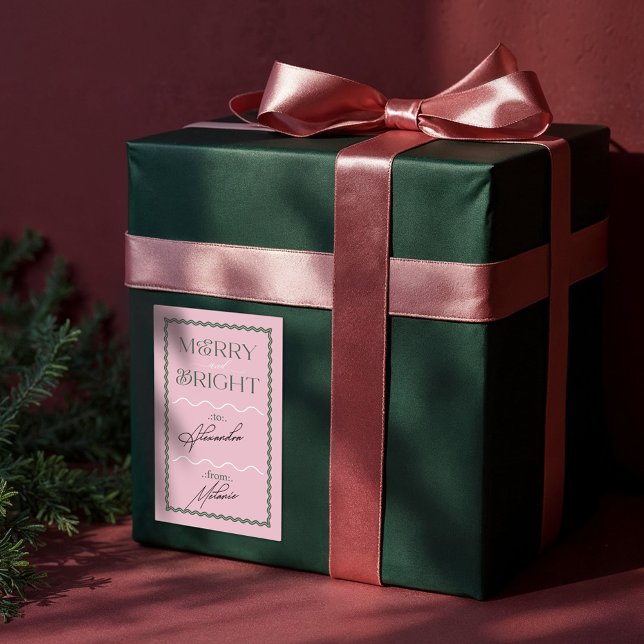 Hellrosa Retro glänzend und leicht zu erreichen Rechteckiger Aufkleber (Merry & Bright Modern Pink Retro Wavy To & From Rectangular Sticker)