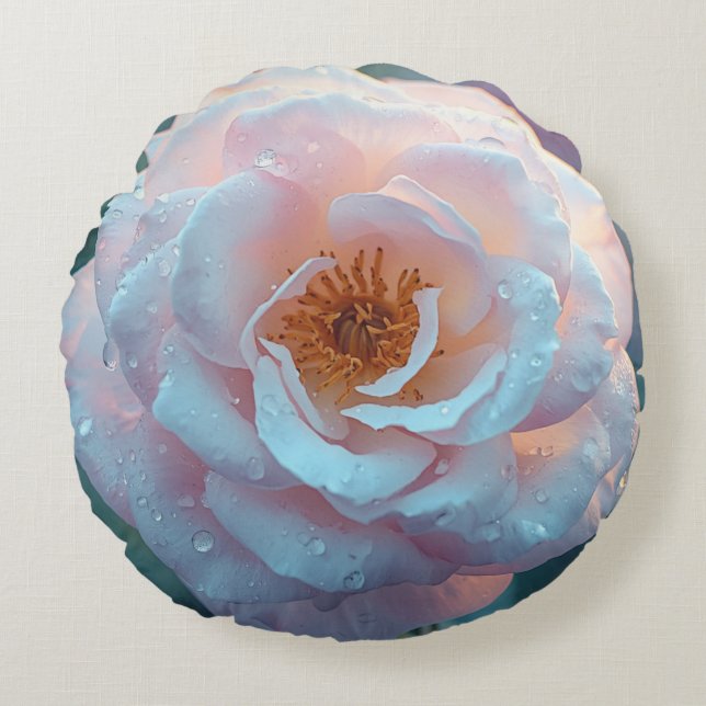 Hellrosa Rose mit Tau Rundes Kissen (Vorderseite)