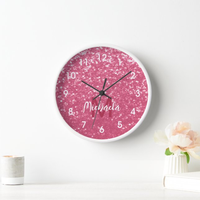 Hellrosa Rosen-Imitat-Funkeln Glitter Monogramm Uhr (Zuhause)