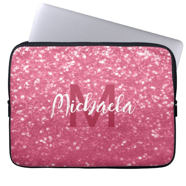 Hellrosa Rosen-Imitat-Sparkles-Glitter-Monogramm Laptopschutzhülle (Vorderseite)