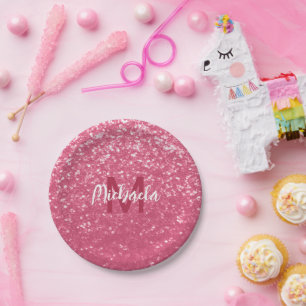 Hellrosa Rosen-Imitat-Sparkles-Glitter-Monogramm Pappteller