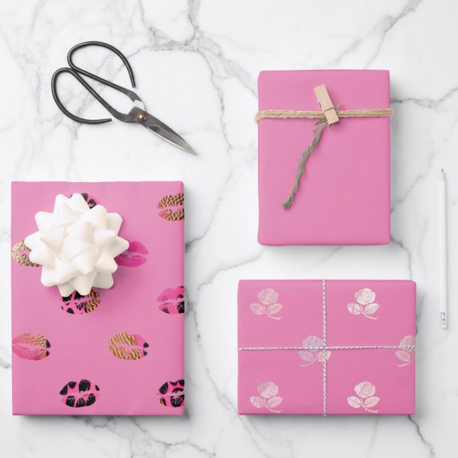 Hellrosa Rosen und Leoparden Lippen Geschenkpapier Set (Vorderseite)