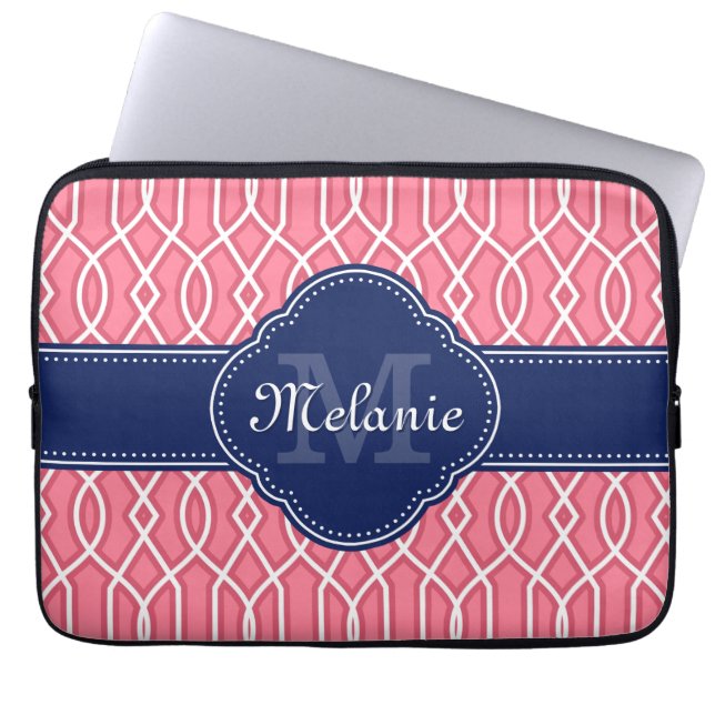 Hellrosa, Trellis Pattern Navy Monogram Laptopschutzhülle (Vorderseite)