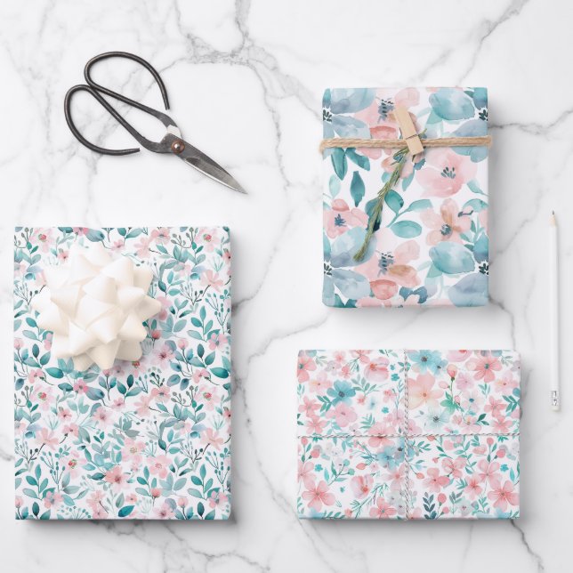 Hellrosa und Aquamarines Blumenmuster Geschenkpapier Set (Vorderseite)