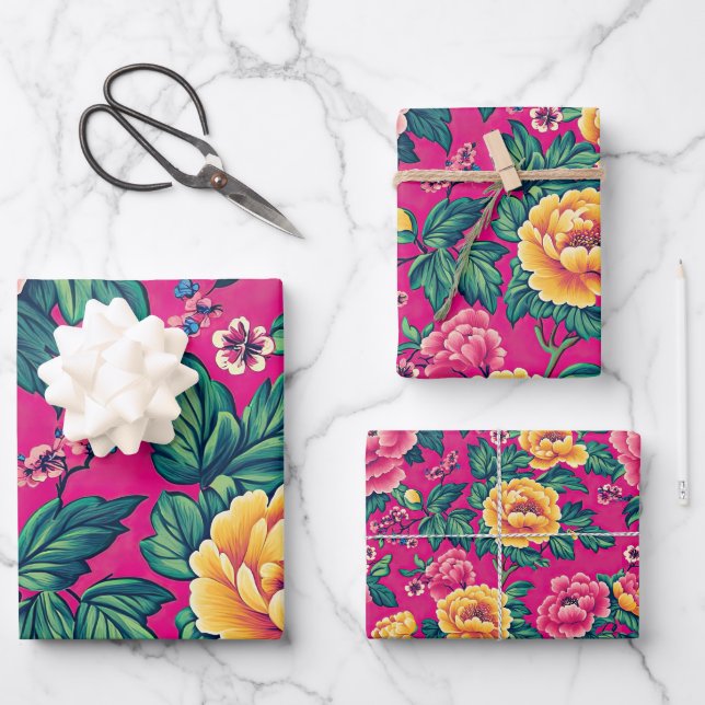 Hellrosa und gelbe Chinoiserie Blumen Geschenkpapier Set (Vorderseite)
