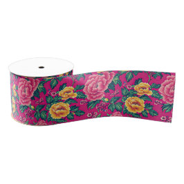 Hellrosa und gelbe Chinoiserie Blumen Ripsband