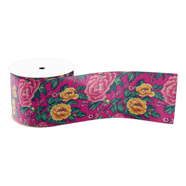 Hellrosa und gelbe Chinoiserie Blumen Ripsband (Spule)
