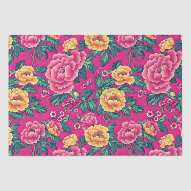 Hellrosa und gelbe Chinoiserie Blumen Seidenpapier (Vorderseite)