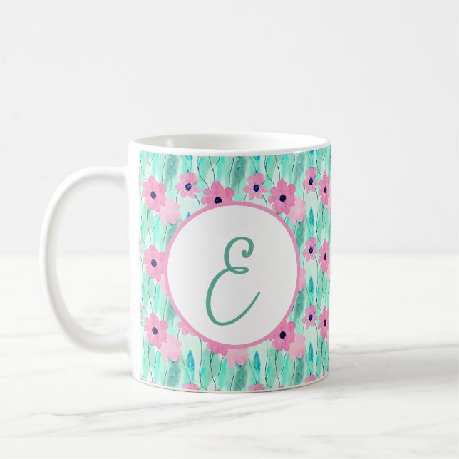 Hellrosa und grüne florale Monogramm Kaffeetasse (Links)