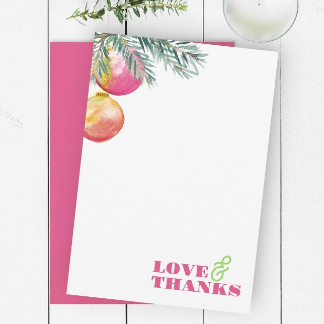 Hellrosa und grüne Weihnachtskarte Dankeskarte (Christmas thank you cards unique watercolor pink baubles with pine boughs)