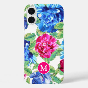 Hellrosa und Hübsche blauflorale Monogramm iPhone 16 Plus Hülle