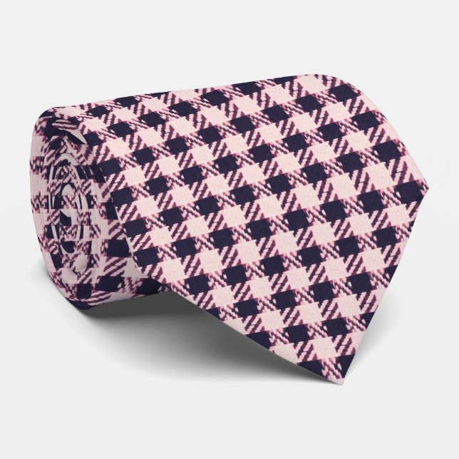 Hellrosa und marineblauer Houndstooth  Krawatte (Gerollt)