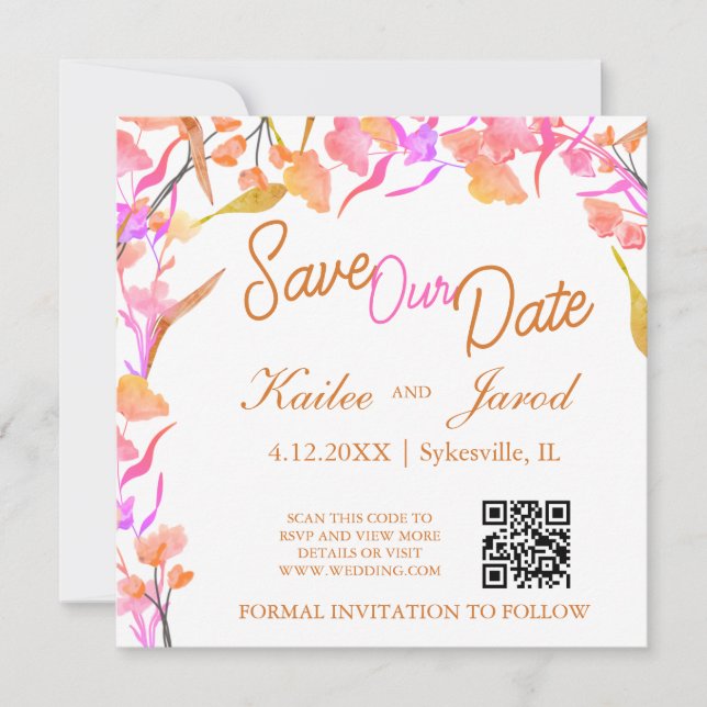 Hellrosa und orange Wildblume QR-Code Save The Date (Vorderseite)