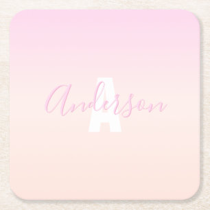 Hellrosa und Pfirsichfarbener Ombre-Name und Monog Rechteckiger Pappuntersetzer
