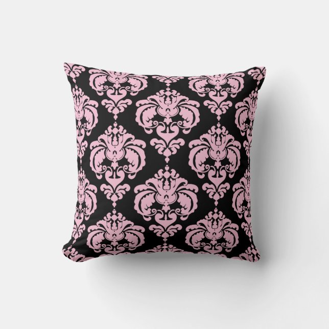 Hellrosa und schwarze Damaske Modernes, elegantes  Kissen (Vorderseite)
