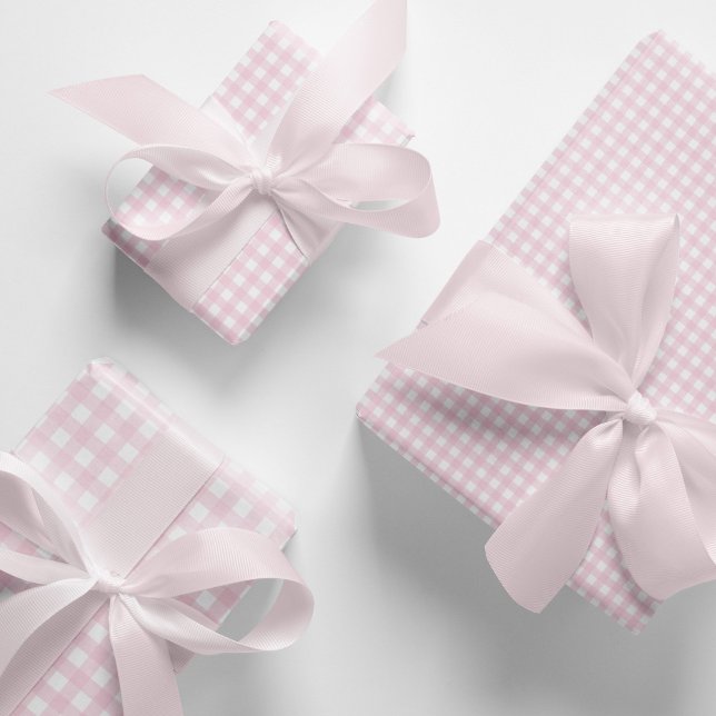 Hellrosa und Weiß Gingham Geschenkpapier Set (Baby pink gingham checks pattern wrapping paper sheets. Soft pink gingham gift wrap.)