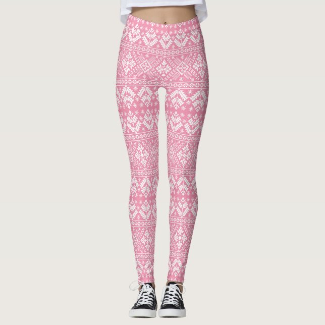 Hellrosa und weiße Wintermesse Insel Weihnachten Leggings (Vorderseite)