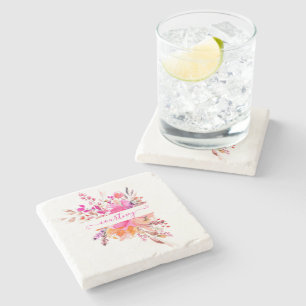 Hellrosa Wasserfarbe floral personalisiert Steinuntersetzer