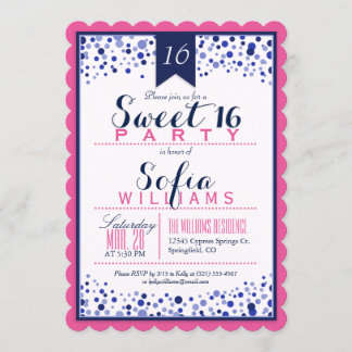 Hellrosa, Weiß, Navy Blue Sweet 16 Party Einladung
