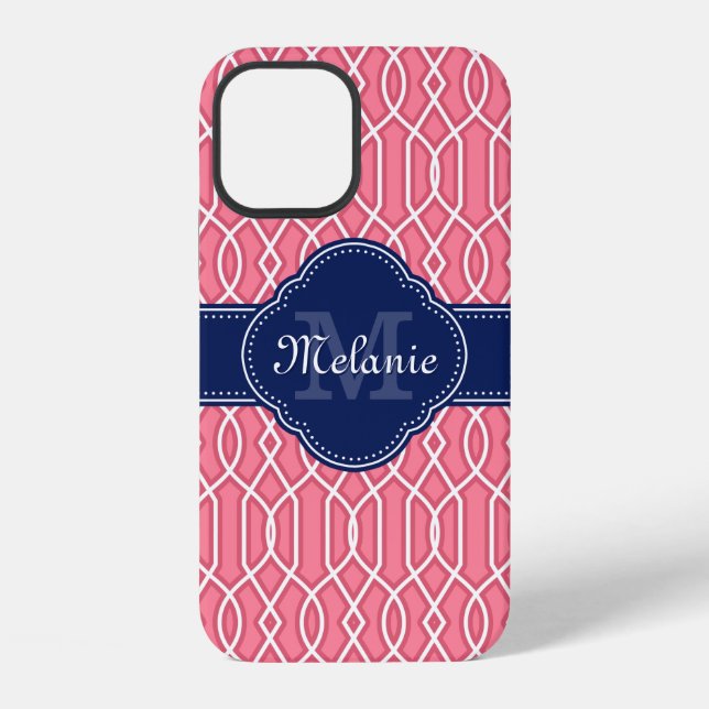 Hellrosa weiße Gittermuster Navy Monogramm iPhone Hülle (Rückseite)