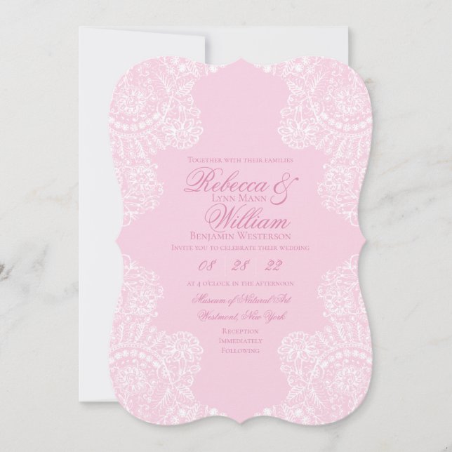 Hellrosa Weiße Spitzen Elegantes Brauchtum Hochzei Einladung (Vorderseite)