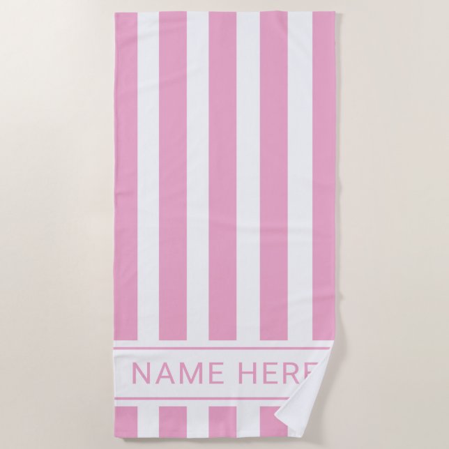 Hellrosa Weißes gestreiftes Badetuch mit Name (Vorderseite)
