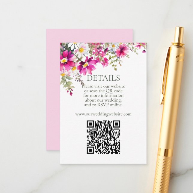 Hellrosa Wildblumen QR-Code Hochzeitdetails Begleitkarte (Vorderseite/Rückseite Beispiel)
