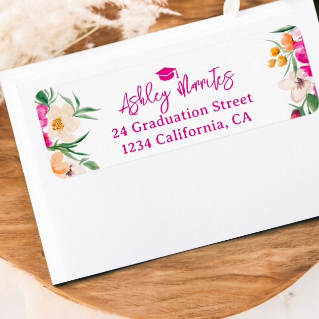Hellrosa Wildblumen Skript-Abschluss (Bright pink wildflowers script graduation label)