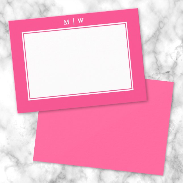 Hellrosa Zwei-Bänder-Minimalistisch-Monogramm Mitteilungskarte (Bright Pink Two Border Minimalist Monogram Note Card)