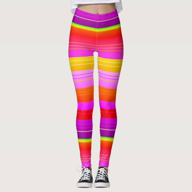 Hellrot lila gelb gestreifte Leggings (Vorderseite)