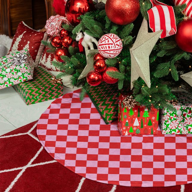 Hellrot und Hellrosa Karo Polyester Weihnachtsbaumdecke (Bright Red and Light Pink Checkered Brushed Polyester Tree Skirt)