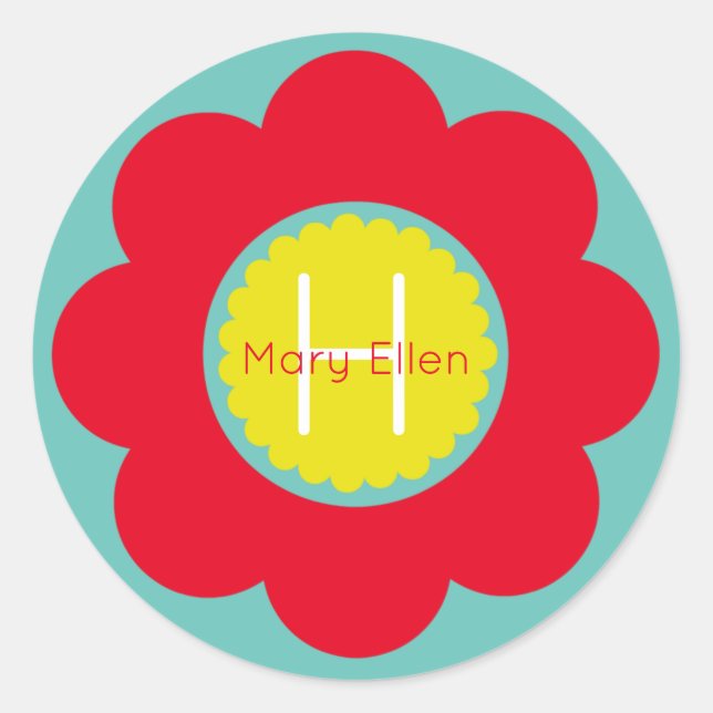 Hellrote und gelbe Blume auf Aquamarinem Monogramm Runder Aufkleber (Vorderseite)