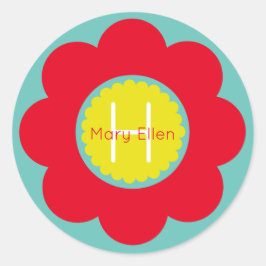 Hellrote und gelbe Blume auf Aquamarinem Monogramm Runder Aufkleber