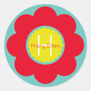Hellrote und gelbe Blume auf Aquamarinem Monogramm Runder Aufkleber