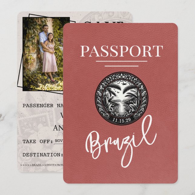 Hellroter Brasilien Reisepass Save The Date (Vorne/Hinten)