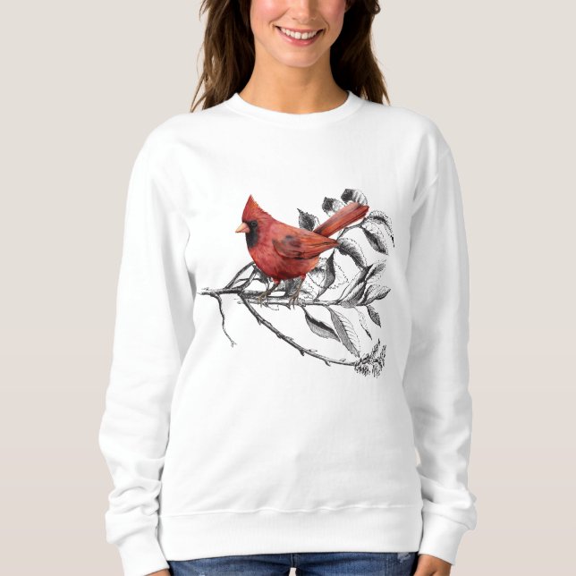 Hellroter Kardinal auf Schwarz-Weiß-Twigs Sweatshirt (Vorderseite)