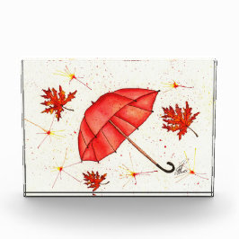 Hellroter Regenschirm und rote Blätter Aquarell Fotoblock