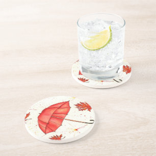 Hellroter Regenschirm und rote Blätter Aquarell Getränkeuntersetzer