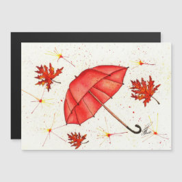 Hellroter Regenschirm und rote Blätter Aquarell Magnetkarte
