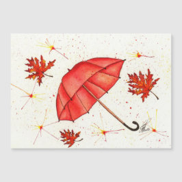 Hellroter Regenschirm und rote Blätter Aquarell Magnetkarte