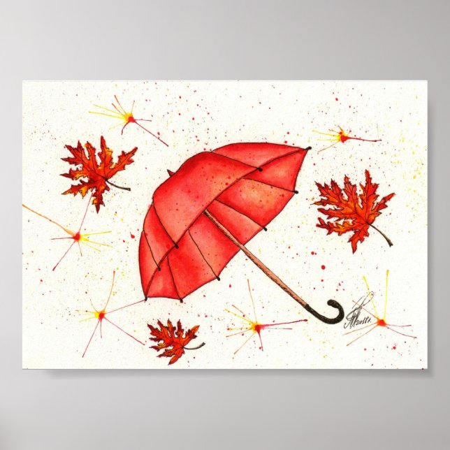 Hellroter Regenschirm und rote Blätter Aquarell Poster (Vorne)