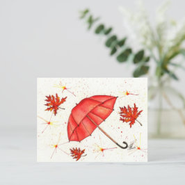 Hellroter Regenschirm und rote Blätter Aquarell Postkarte