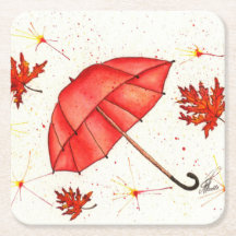 Hellroter Regenschirm und rote Blätter Aquarell