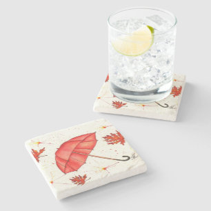 Hellroter Regenschirm und rote Blätter Aquarell Steinuntersetzer