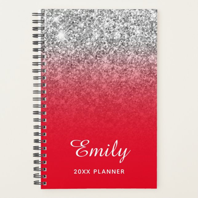 Hellroter Silver Glitzer Ombre Personalisiert Planer (Vorderseite)